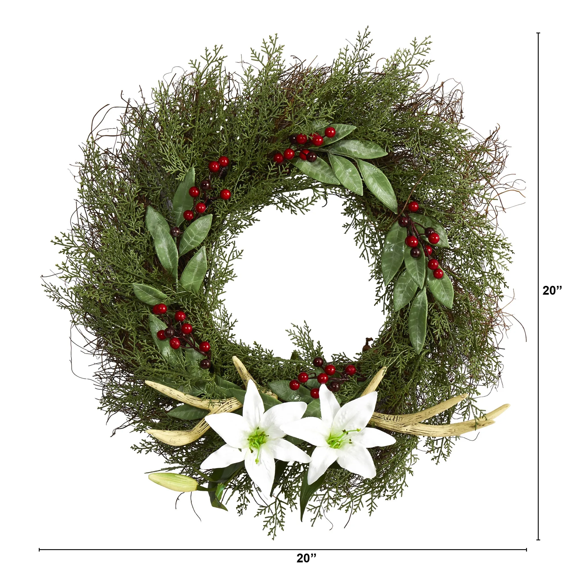 20" Cedar, Antlers, Lily and Ruscus with Berries Artificial Wreath