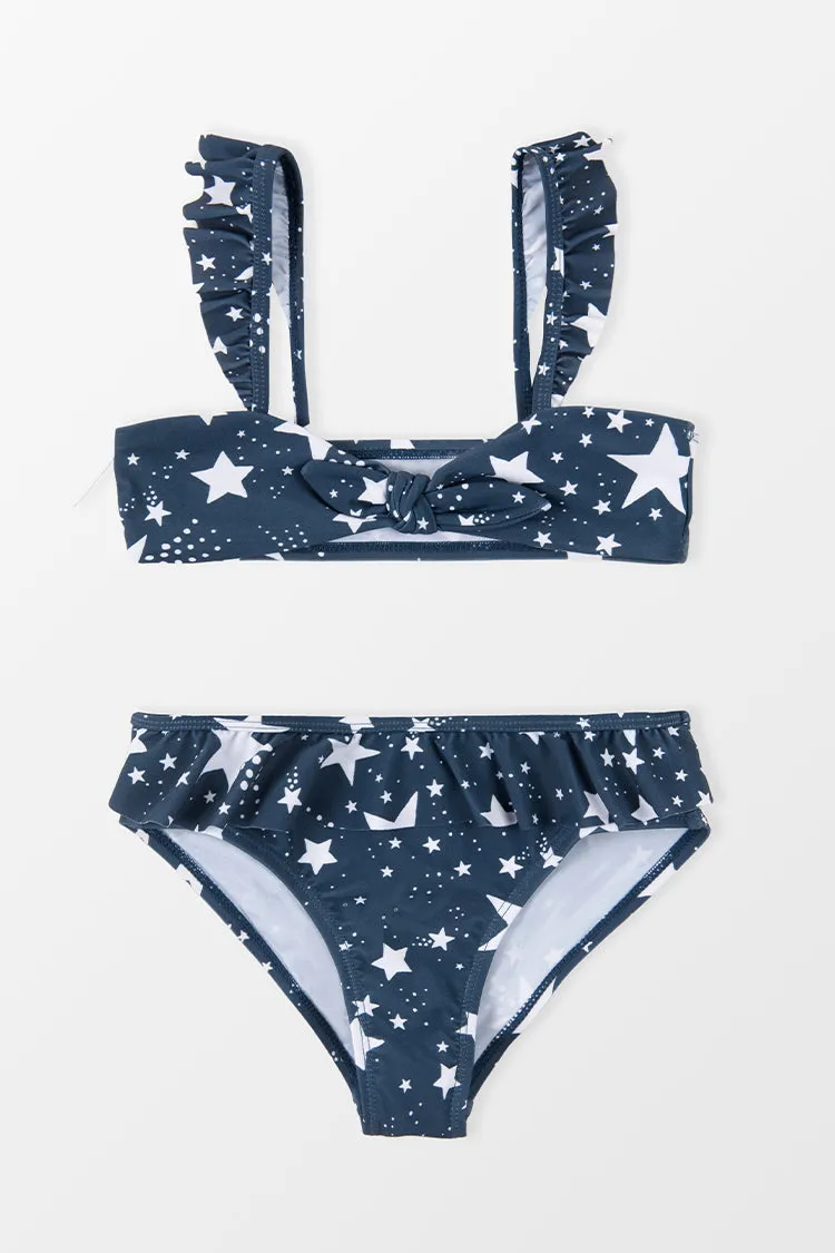 4th of July Starlight Faux Bunny Tie Bralette & Ruffled Hipster Bikini For Girls