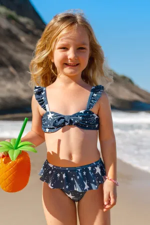 4th of July Starlight Faux Bunny Tie Bralette & Ruffled Hipster Bikini For Girls