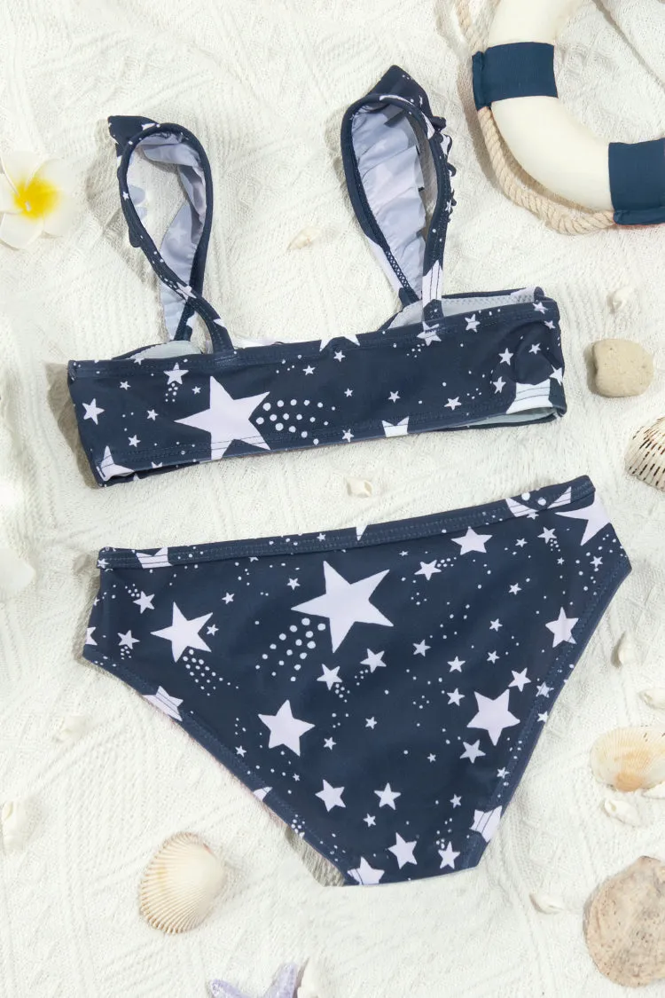 4th of July Starlight Faux Bunny Tie Bralette & Ruffled Hipster Bikini For Girls