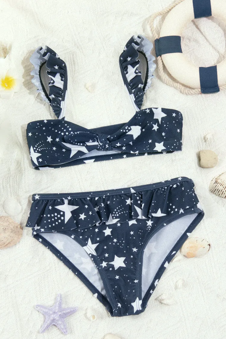 4th of July Starlight Faux Bunny Tie Bralette & Ruffled Hipster Bikini For Girls