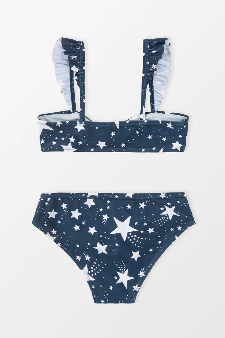 4th of July Starlight Faux Bunny Tie Bralette & Ruffled Hipster Bikini For Girls