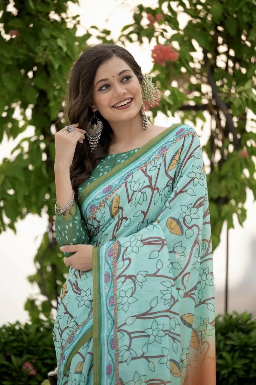 Baby Blue Pichwai Linen Cotton  Saree