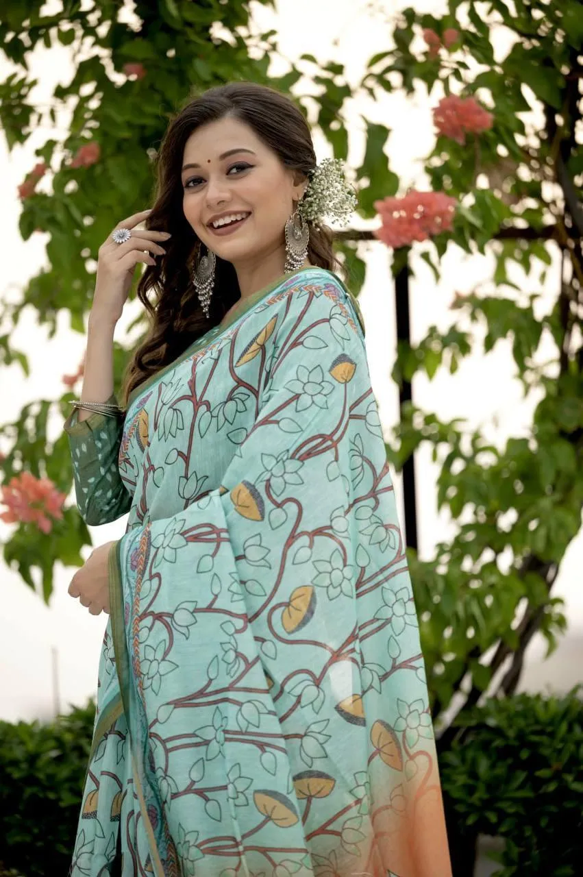 Baby Blue Pichwai Linen Cotton  Saree
