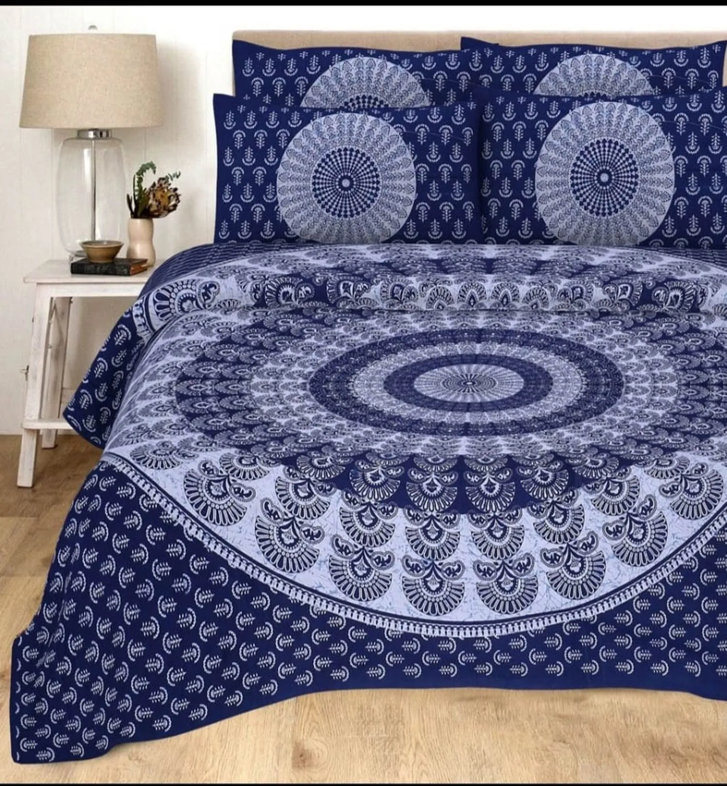 BedZone 120 TC Cotton Blend Mandala Printed Jaipuri Bedsheet for Double Bed King Size with 2 Pillow Covers, Blue
