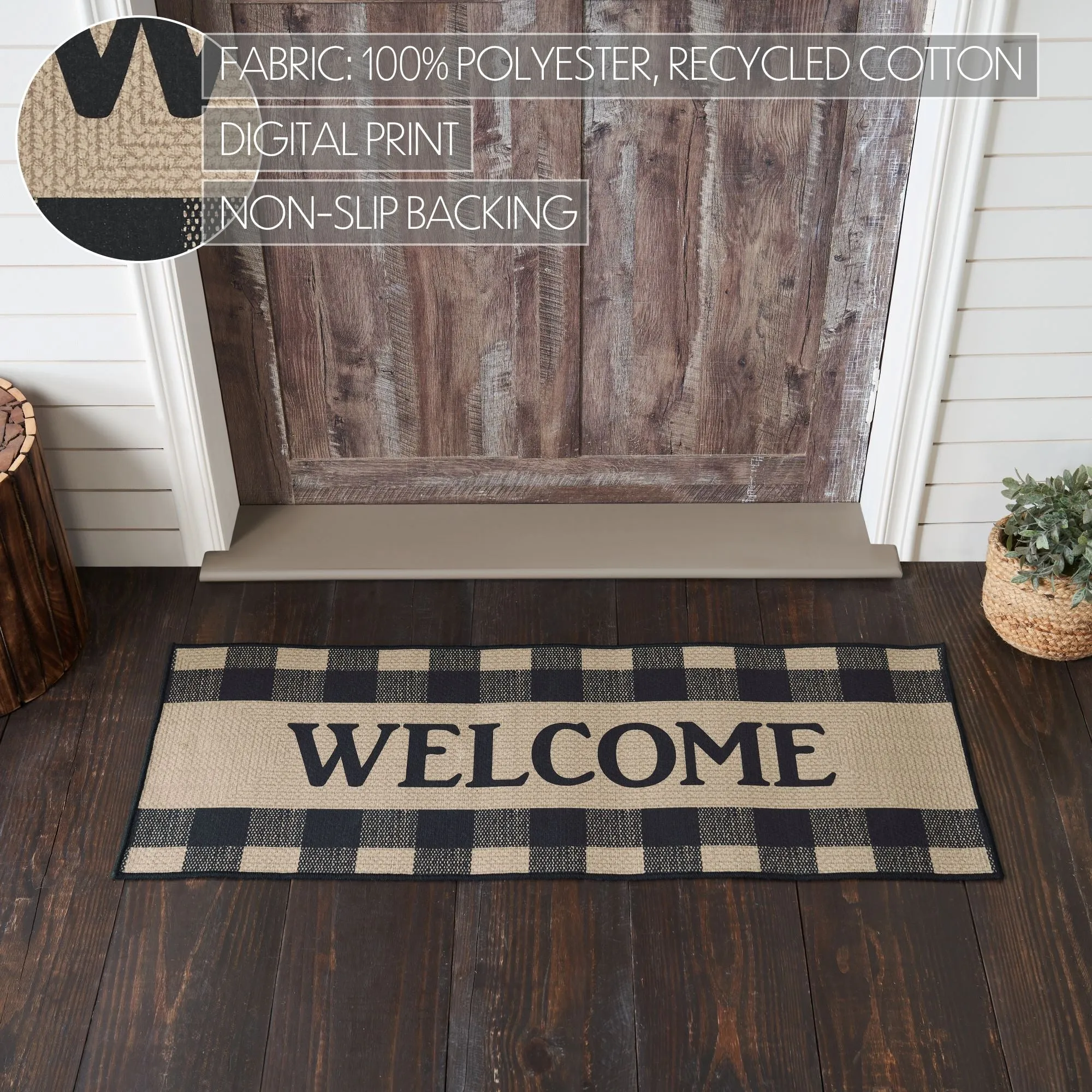 Black Check Welcome Polyester Rug Rect 17x48