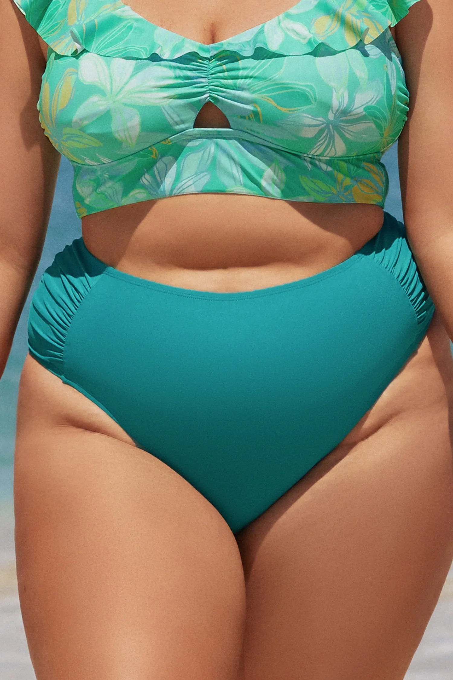 Boho Rhapsody Shirred High Waist Plus Size Bikini Bottoms