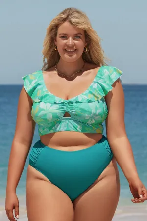 Boho Rhapsody Shirred High Waist Plus Size Bikini Bottoms
