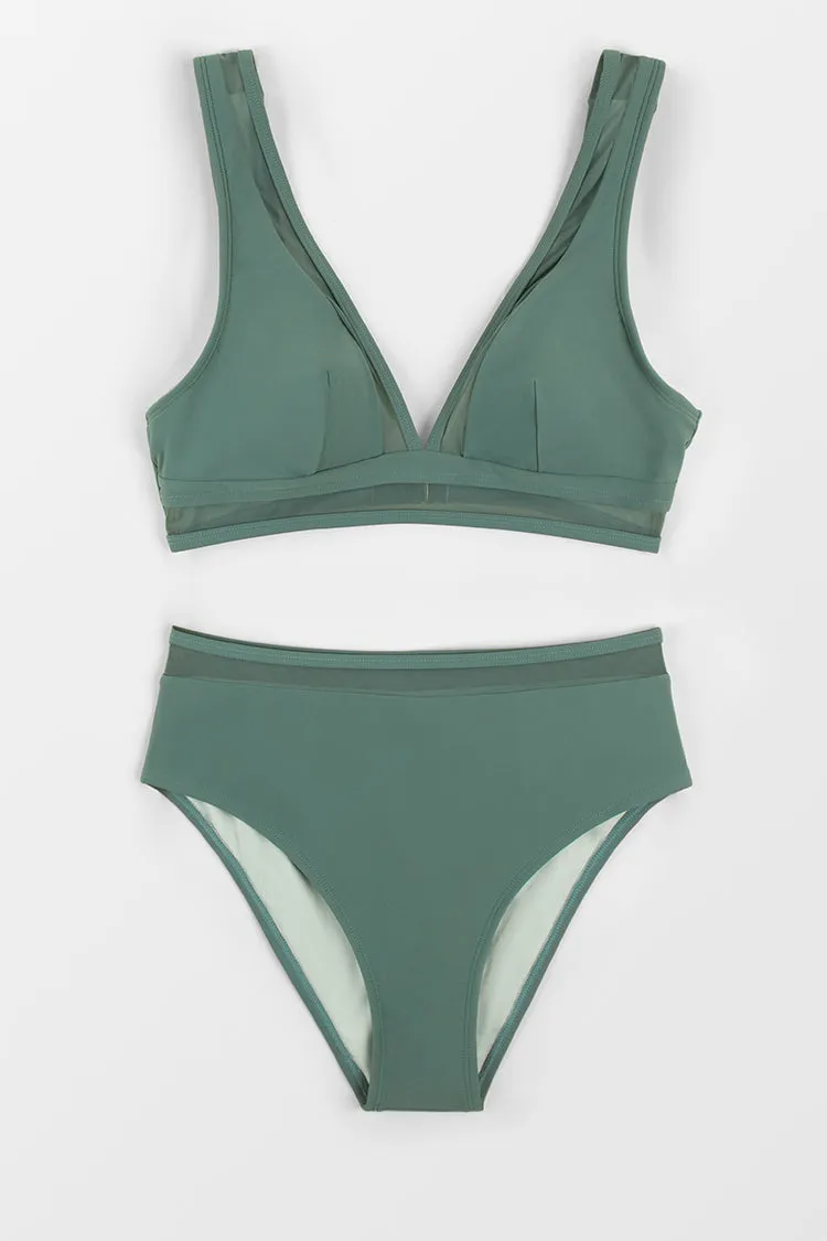 Deep V Neck Mid Waisted Backless Bikini Set
