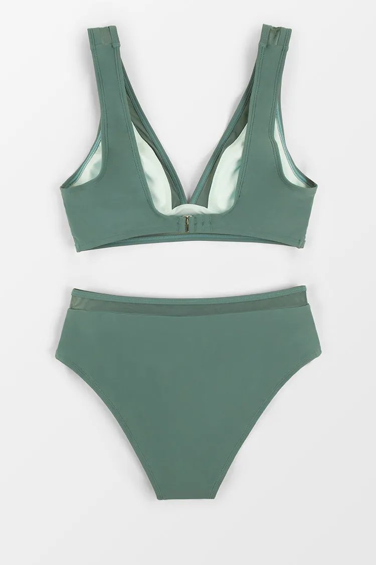 Deep V Neck Mid Waisted Backless Bikini Set