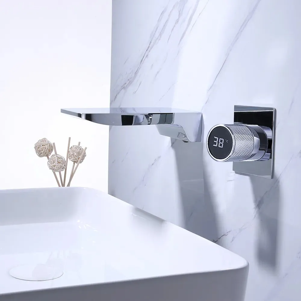 Digital Display Bathroom Faucet Wall Mounted Waterfall Basin Faucet