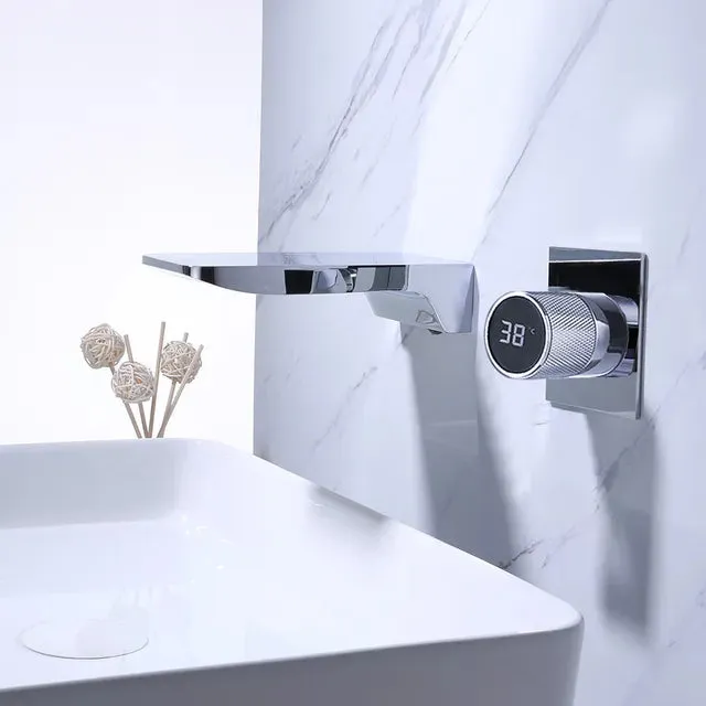 Digital Display Bathroom Faucet Wall Mounted Waterfall Basin Faucet