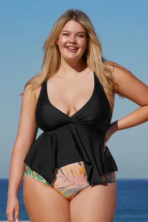 Emerge Handkerchief Hem Tankini & Tropical High Waist Plus Size Bikini Set