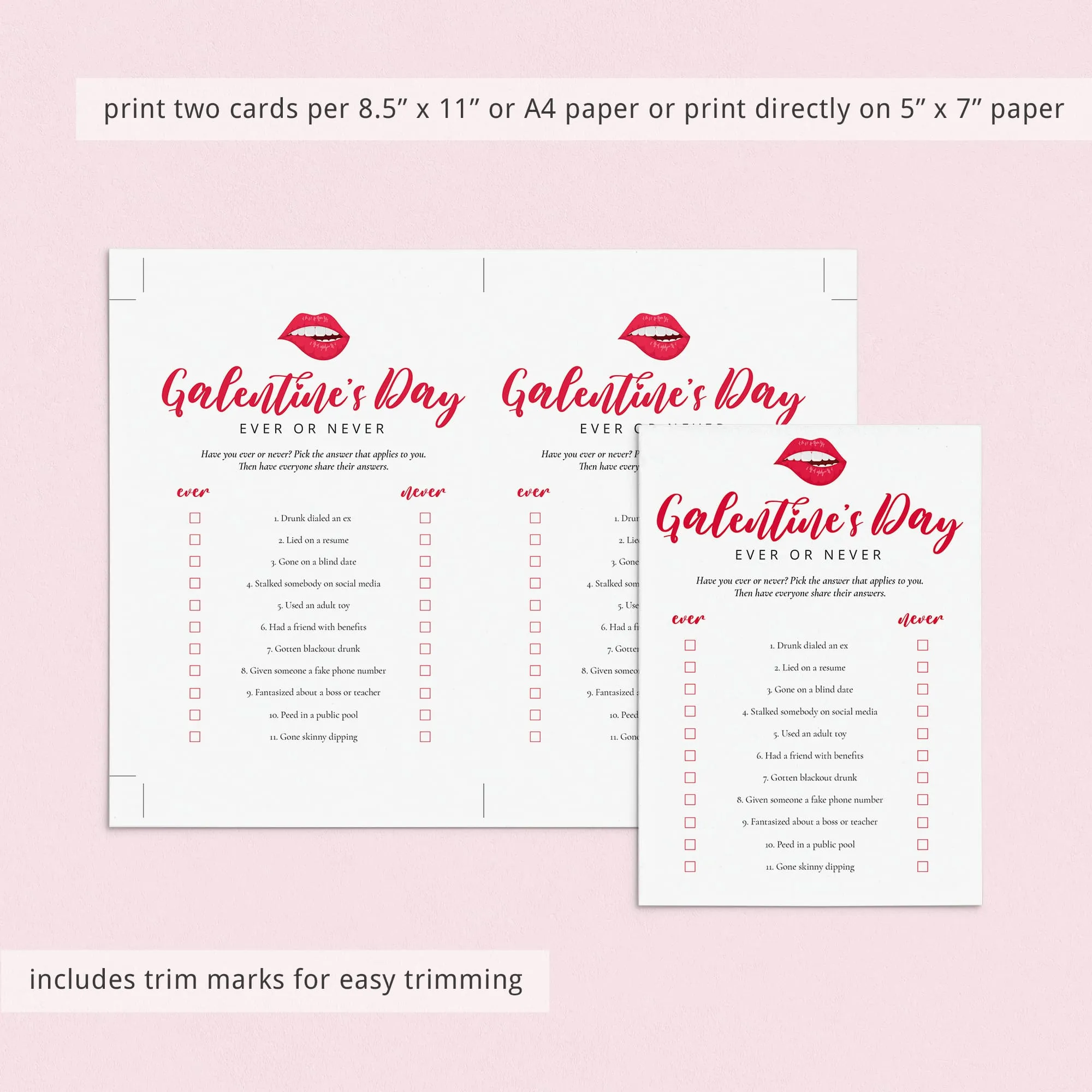 Galentine's Day Party Icebreaker Game Ever or Never Printable