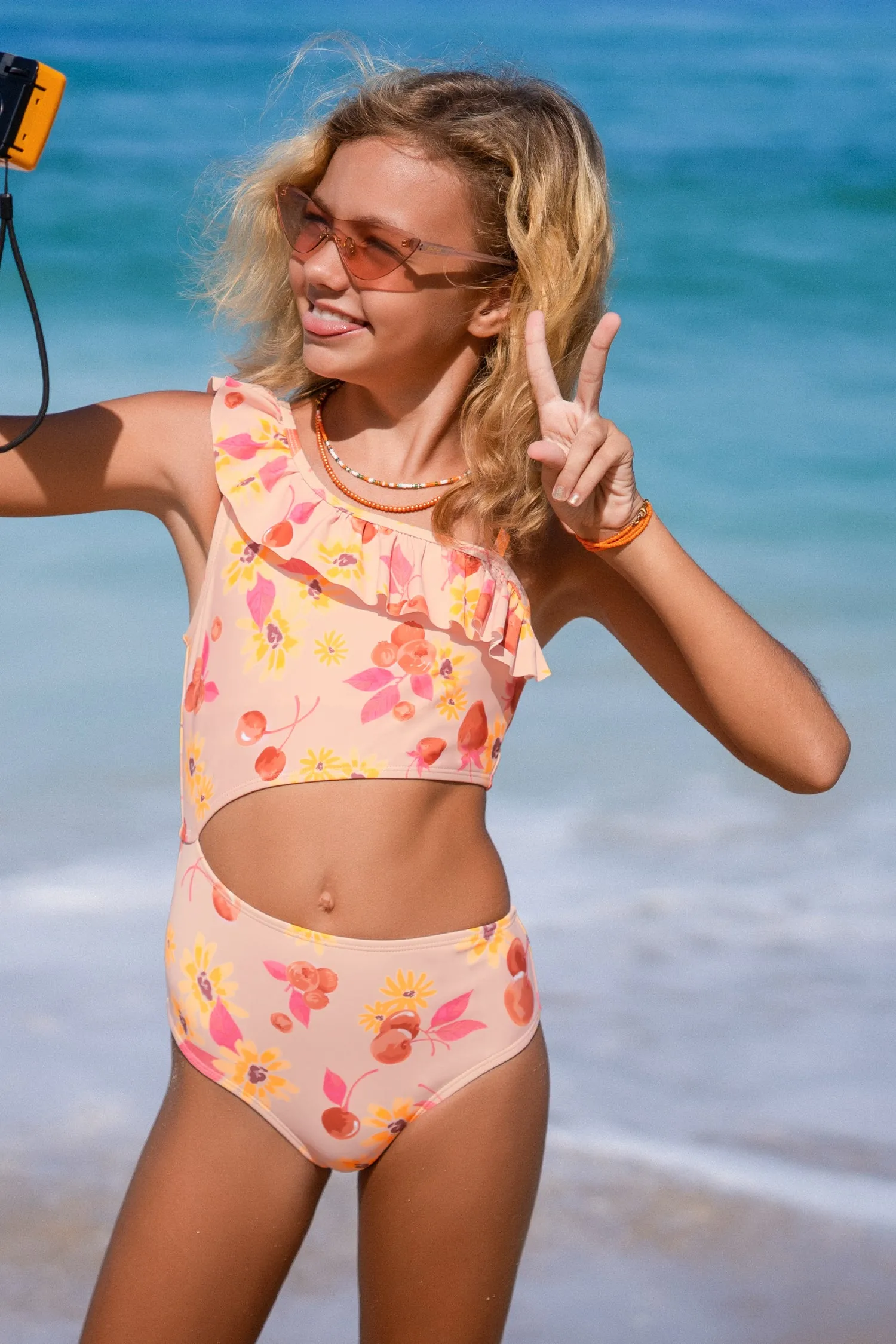 Girls Fruits & Flowers Cutout Ruffled One Piece Swimsuit