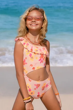 Girls Fruits & Flowers Cutout Ruffled One Piece Swimsuit