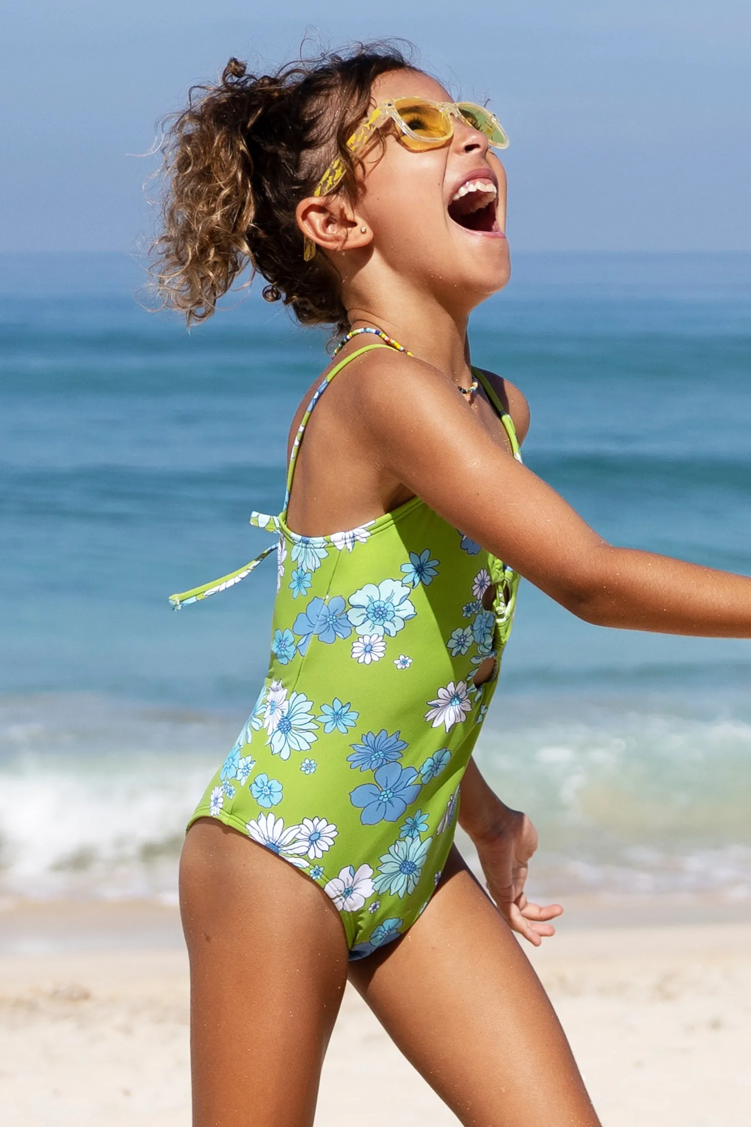 Girls Newtro Floral Lace-Up Cutout One Piece Swimsuit
