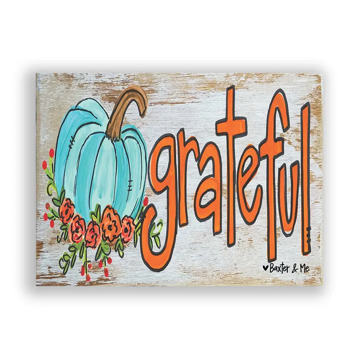 Grateful Blue Floral Pumpkin - Wrapped Canvas