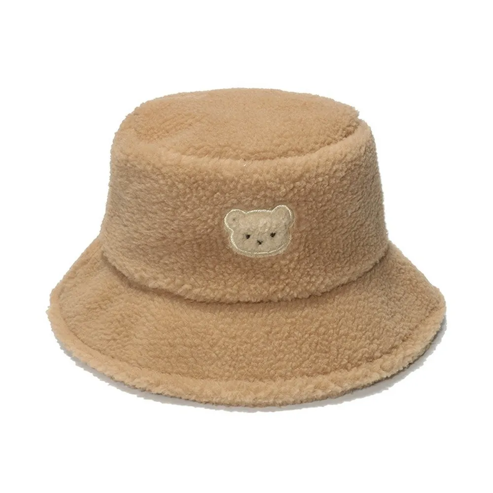 NEWBLOM Embroidered Bear Plush Hat Warm Fisherman Hat