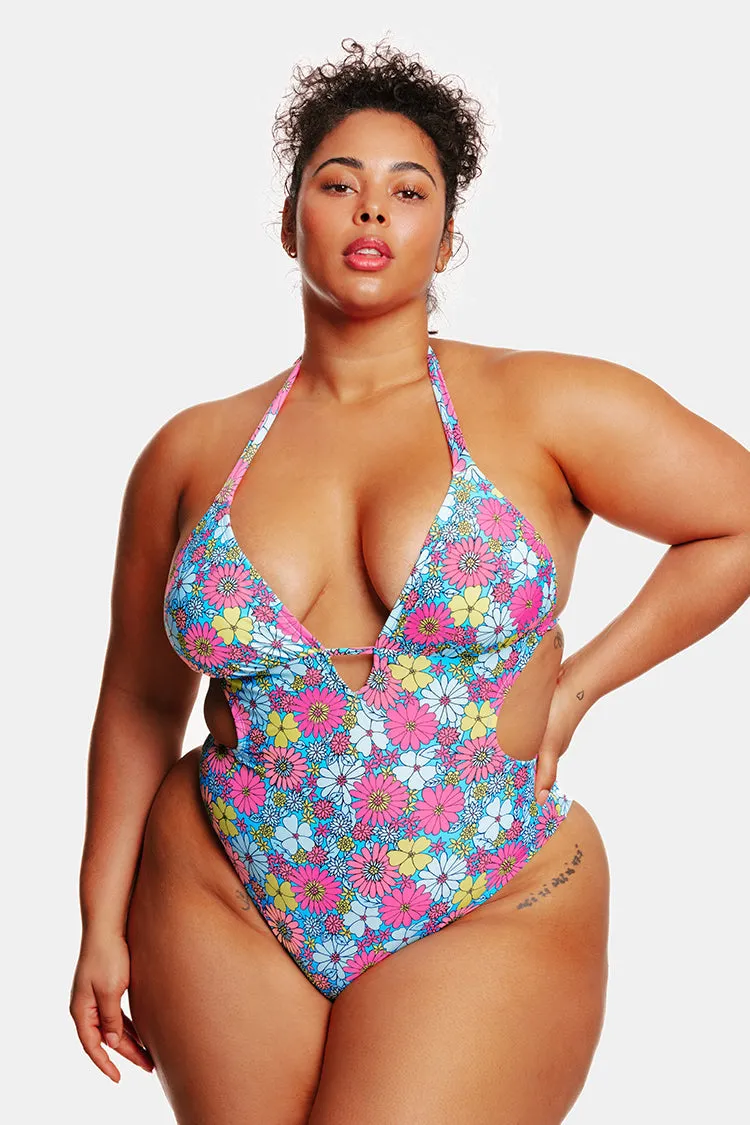 Point Dume Daisy Plunging Halter Tie-Back Plus Size Monokini Swimsuit