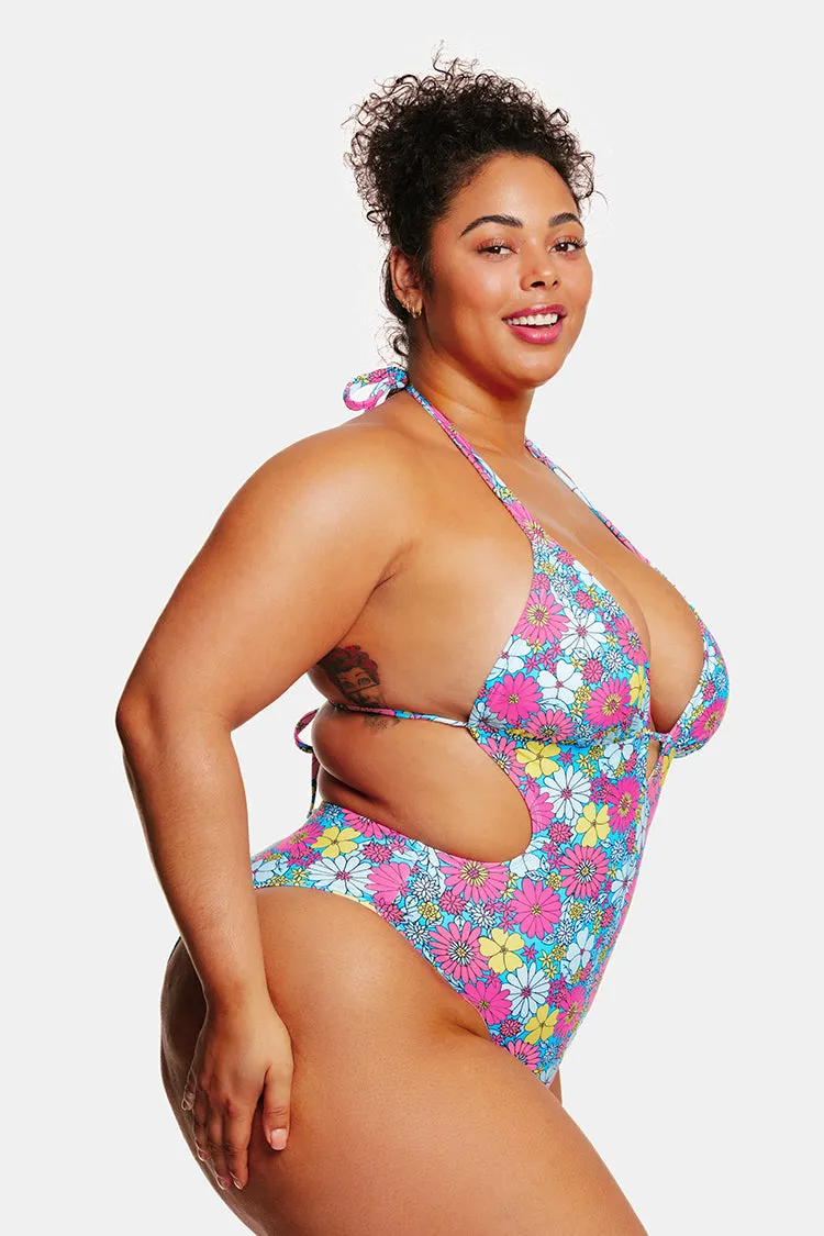 Point Dume Daisy Plunging Halter Tie-Back Plus Size Monokini Swimsuit