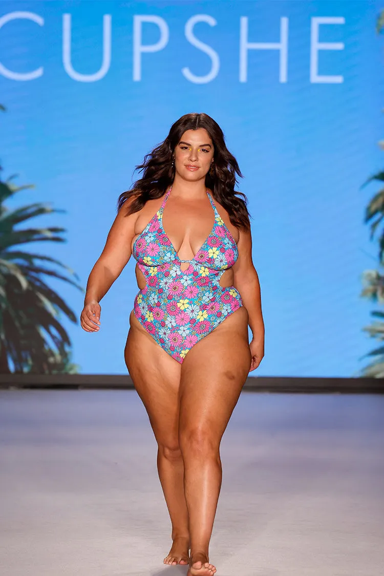 Point Dume Daisy Plunging Halter Tie-Back Plus Size Monokini Swimsuit