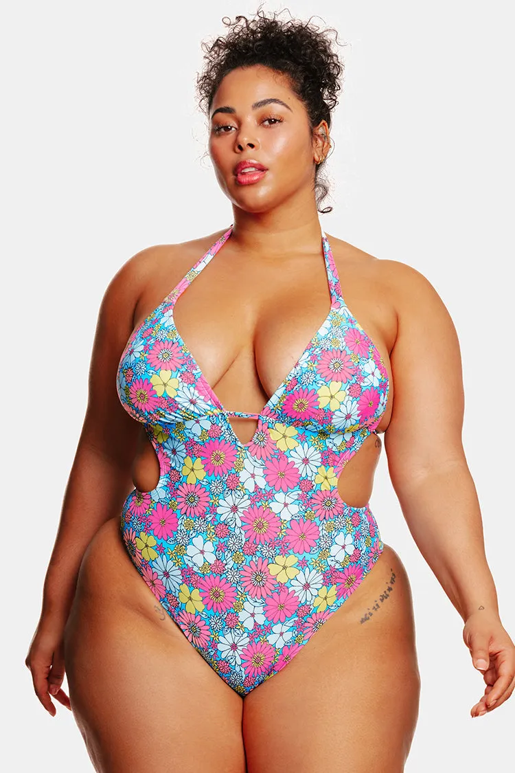 Point Dume Daisy Plunging Halter Tie-Back Plus Size Monokini Swimsuit