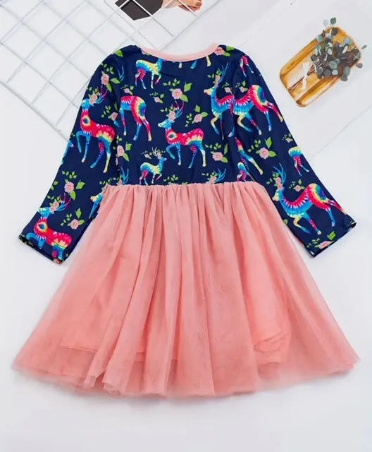 Rainbow Reindeer long sleeve tulle dress