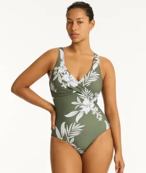 Sea Level Aloha Cross Front A-DD Cup One Piece Swimsuit - Khaki