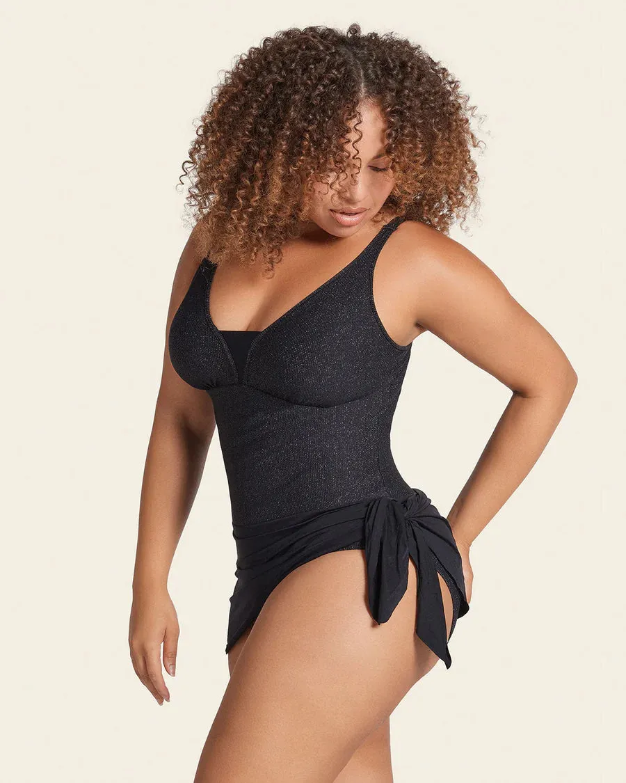 Shiny Slimming Swimsuit Dress In Shiny Black - Leonisa