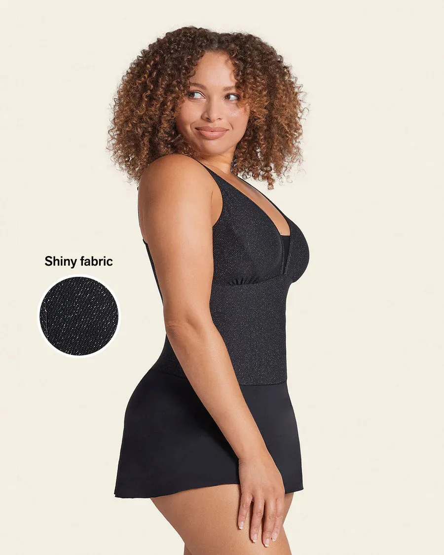 Shiny Slimming Swimsuit Dress In Shiny Black - Leonisa