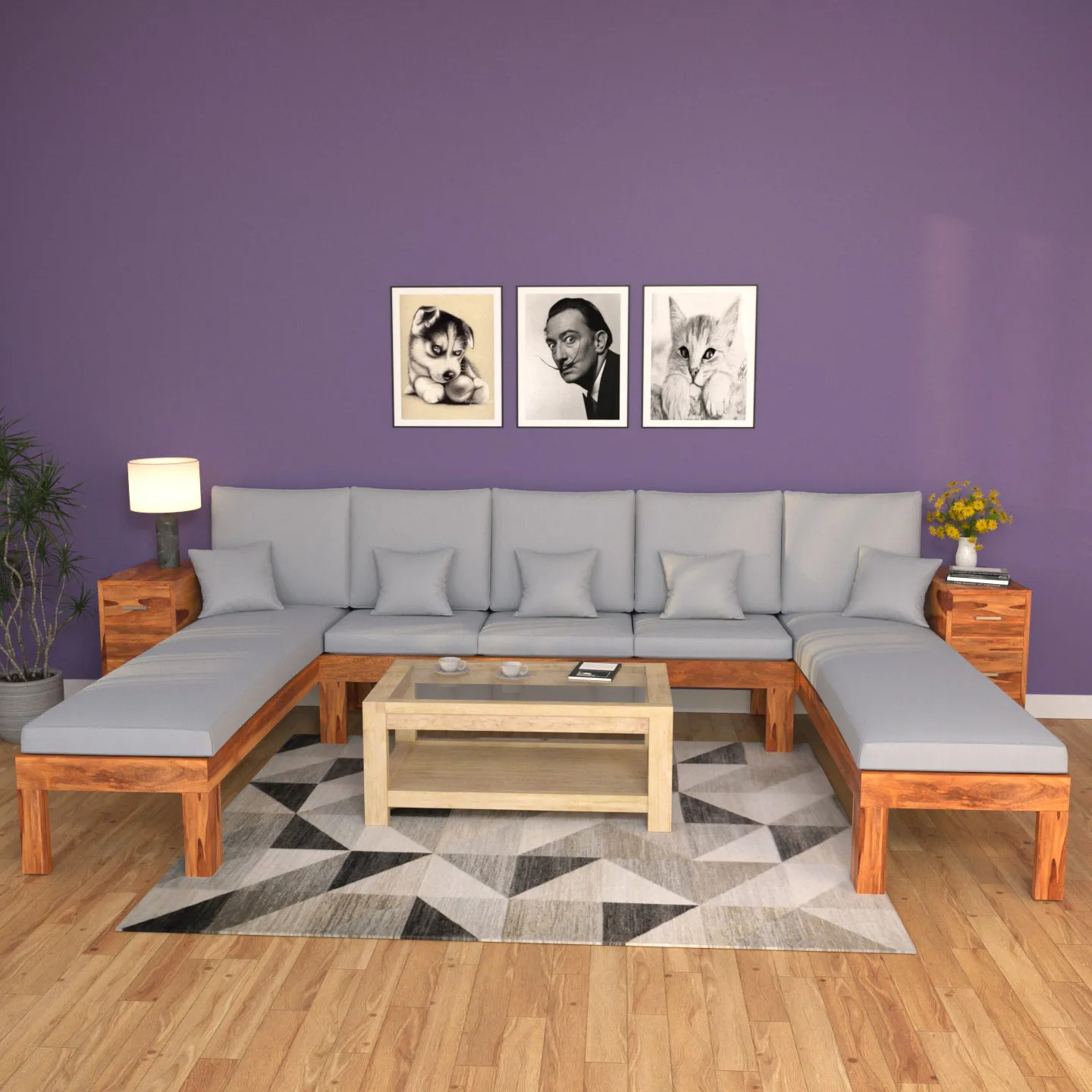 Slate Light Gray Classic Nine Seater Wooden Sofa