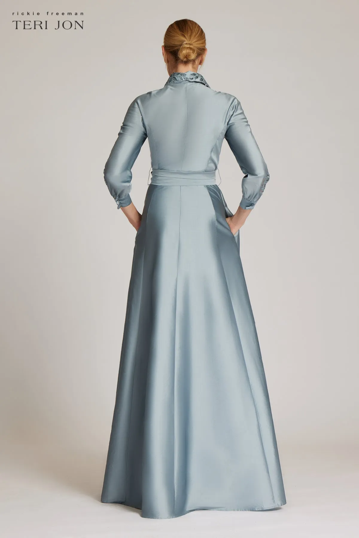 Taffeta Shirtdress Gown With Eyelet Sleeve and Collar