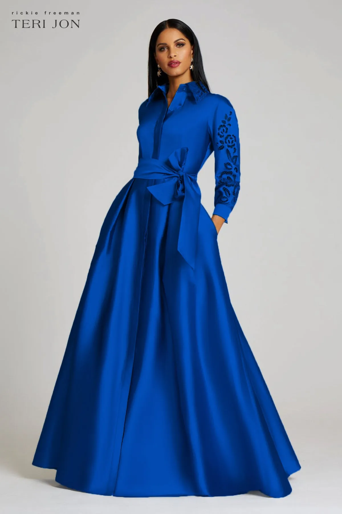 Taffeta Shirtdress Gown With Eyelet Sleeve and Collar
