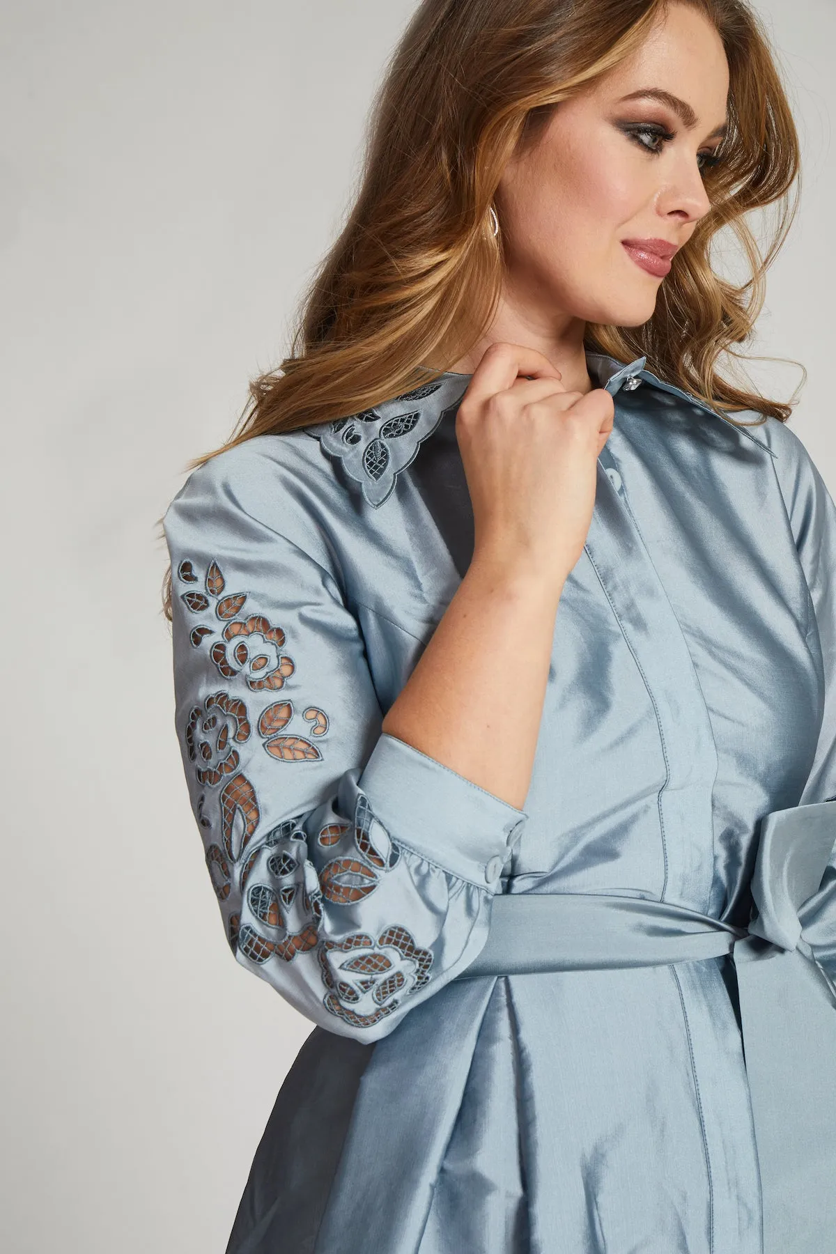 Taffeta Shirtdress Gown With Eyelet Sleeve and Collar