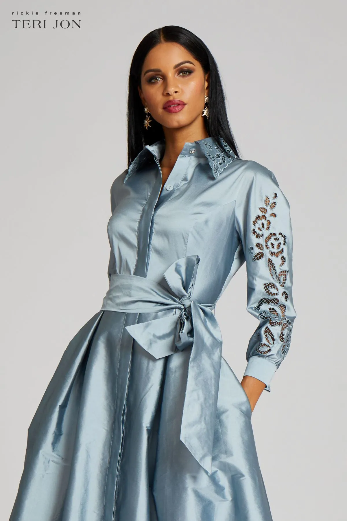 Taffeta Shirtdress Gown With Eyelet Sleeve and Collar