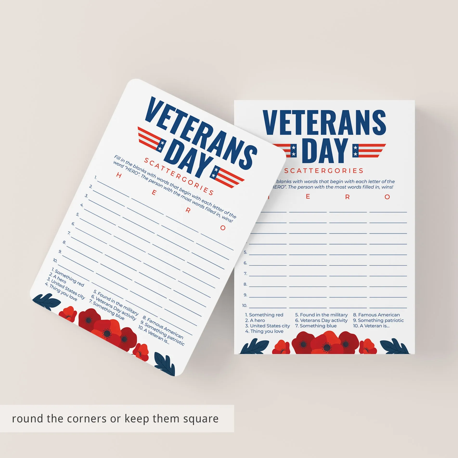 USA Veterans Day Game Scattergories Printable