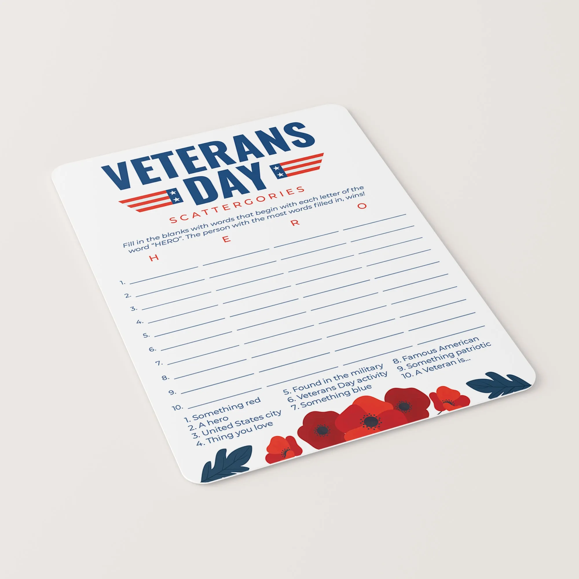 USA Veterans Day Game Scattergories Printable