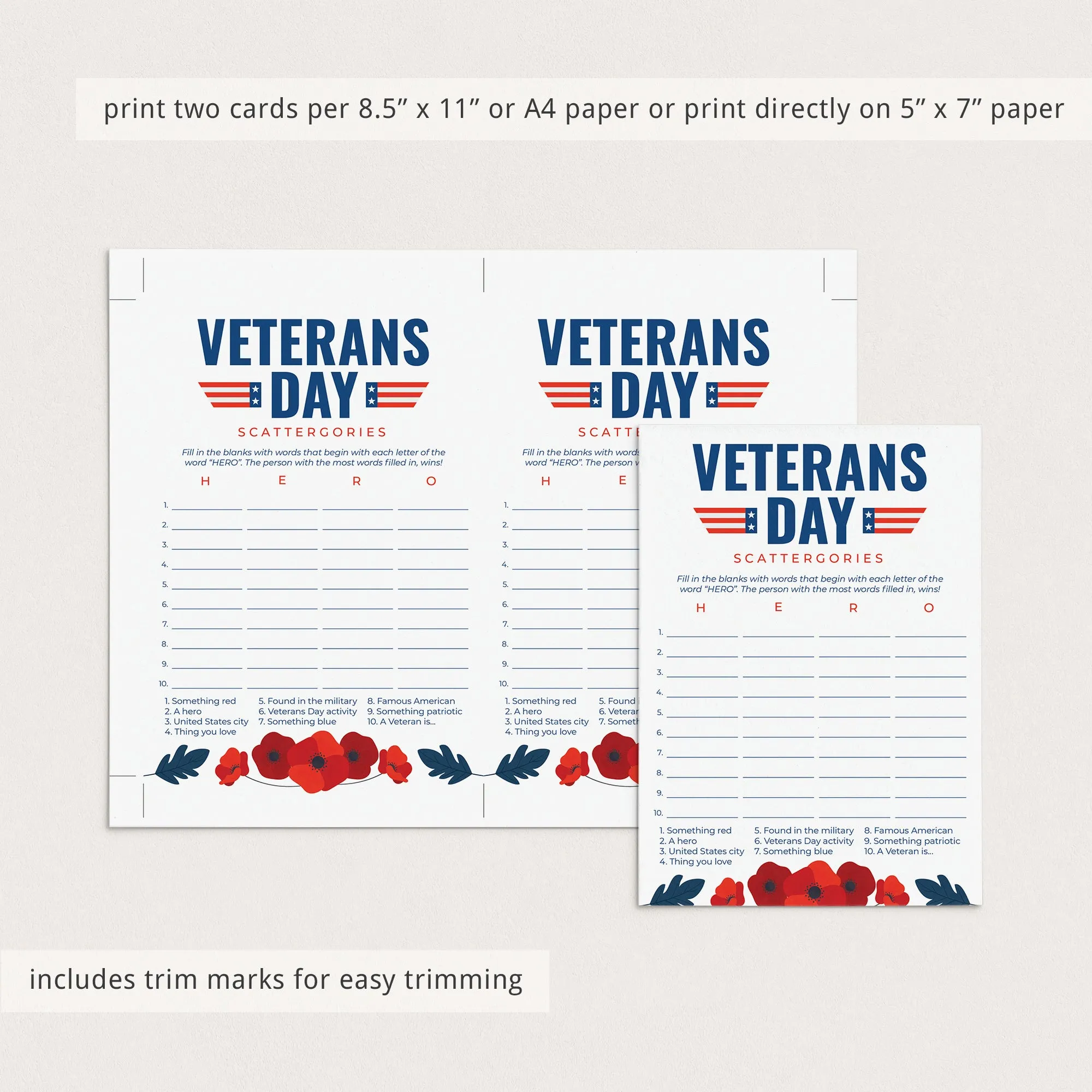 USA Veterans Day Game Scattergories Printable