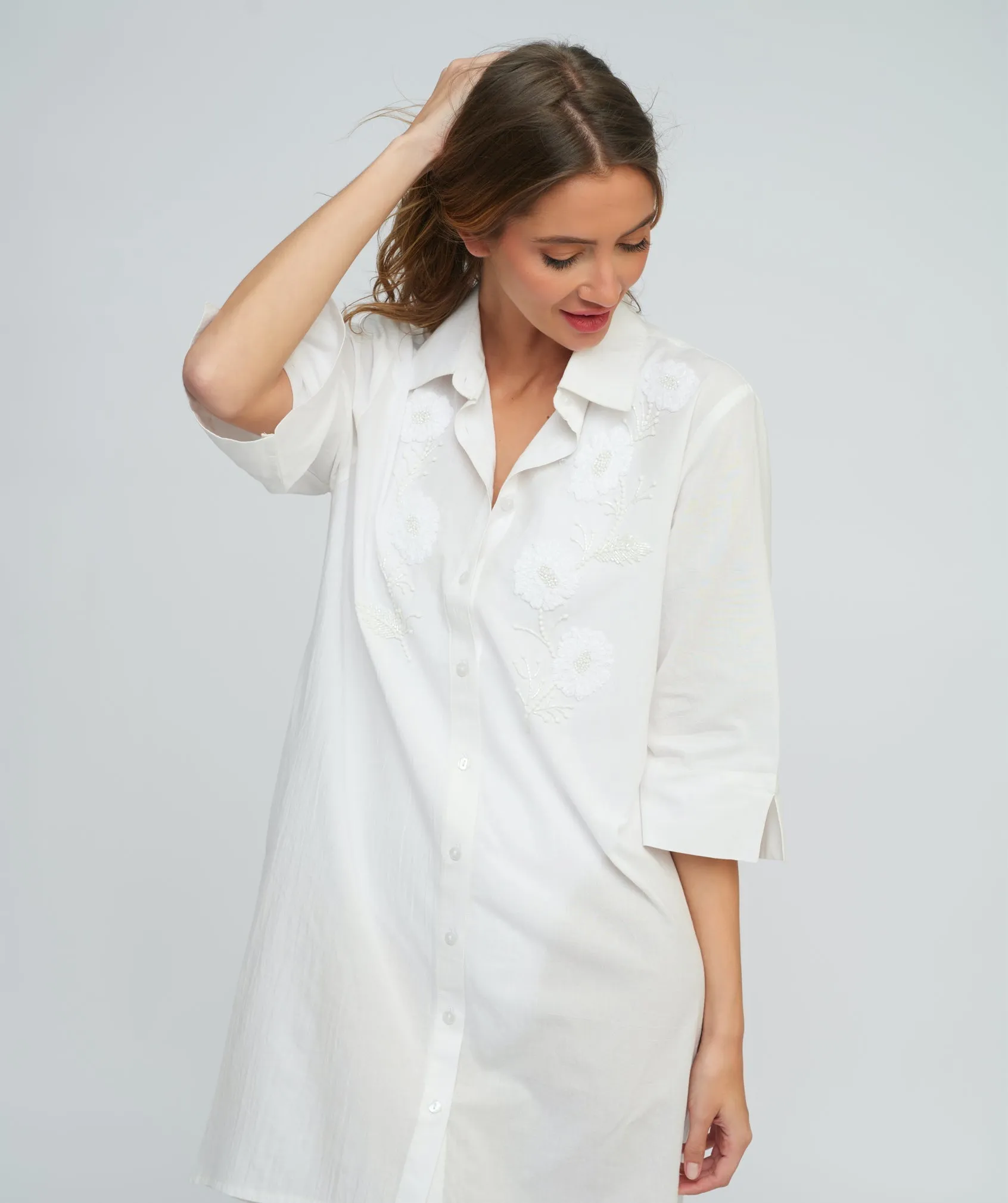 White Floral Shirt Dress with Bead Embellishments